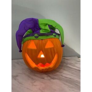Halloween Gemma Light-Up Pumpkin with Jester Cap  Plug-In Decor